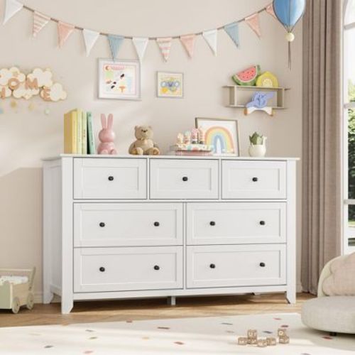 7 Drawer Dresser with Metal Knobs, 54" Wide Large Wood Chest of Drawers, Modern Bedroom Clothes Storage Cabinet with Deep Drawers