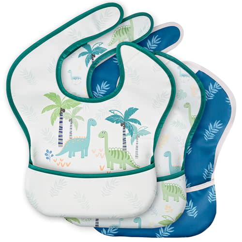 3 Pack Waterproof Baby Bibs for Eating, Mess Proof Feeding Bib | Lightweight & Wipeable Toddler Food Bibs, Large Catch-All Pocket, Food-Grade Baby Eating Essentials Gifts, Blue Dinosaur