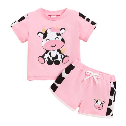 Sopiago Baby Girl Summer Outfit Cow Print Short Sleeve T Shirt Tops and Stretch Shorts Toddler Girl Clothing Set 6-9 Months,Pink