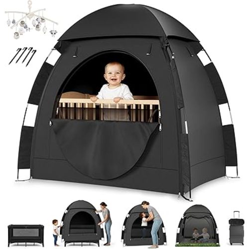YoungMinds Blackout Baby Crib Tent - Waterproof Sleep Pod Fits for Travel Pack and Play, Milk Silk Fabric, Kids Black Out Cover Mosquito Net Tent with Toy Holder, Pack N Play Canopy Blocks 100% Light