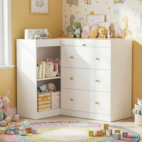 PAKASEPT Modern Nursery Changing Table, Corner Baby Dressing Table with 3 Drawers and 2 Open Shelves, Multi Functional Diaper Changing Station for Children's Rooms,Nursery