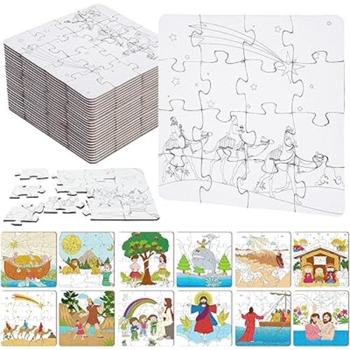 24 Pack Christian Bible Color Your Own Jigsaw Puzzles for Kids,Jesus Bible DIY Paper Jigsaw for Jesus Sunday School Classroom Party Favor Church Gifts