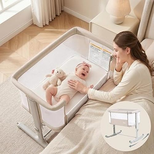 INFANS 3 in 1 Baby Bassinet, Bedside Sleeper for Newborn, Folding Crib with Mattress, Travel Bag, Wheels, 4-Sided Mesh, Easy to Assemble Cradle Co Sleeper Stationary, Rock (Beige)