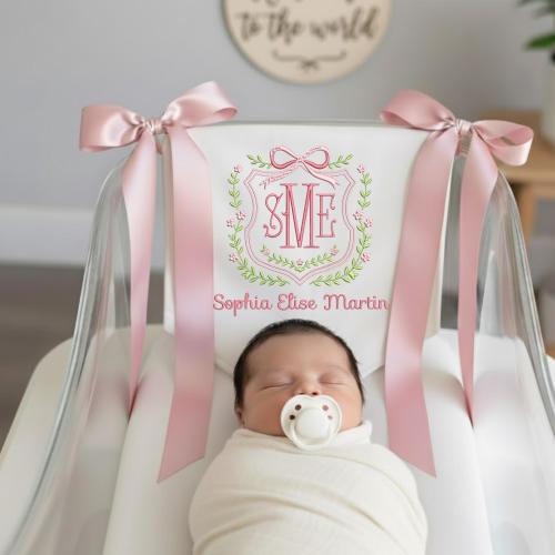 Custom Baby Banner, Welcome Banner with Floral Crest, Bows Baby Banner, Hospital Door Sign, Baby Shower Gifts, Newborn Gifts, Baby Girl