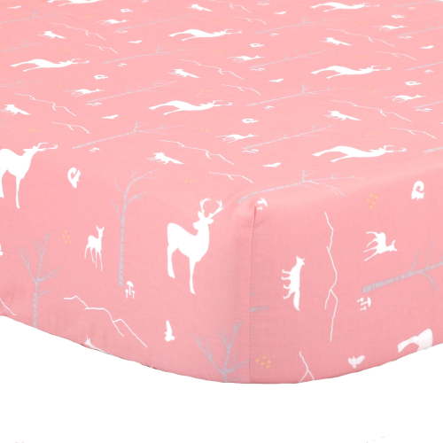 The Peanutshell Woodland Cotton Fitted Crib Sheet in Coral