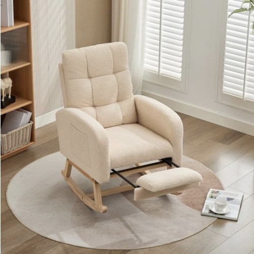 BTM Beige Teddy Velour Rocking Chair Solid Wood Frame Metal Feet with Hidden Leg Rests Thick Foam Padding Living Room Bedroom Nursery : Amazon.de: Home & Kitchen