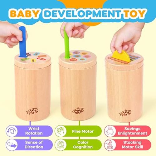 Wooden Montessori Baby Toddler Toys 3in 1 Learning Fine Motor Preschool Toy | Educational Color Sorting and Cause and Effect Sensory Activity for Toddlers 1-3, Birthday Gift for 12 Month Old Boys Girls