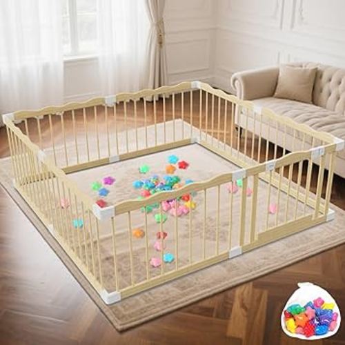 Wooden Baby Playpen - 65"×65" Wave Design Playpen for Babies and Toddlers - 30 Ocean Balls Included Safety-Certified Indoor&Outdoor Wood Fence - Easy to Assemble Play Yard