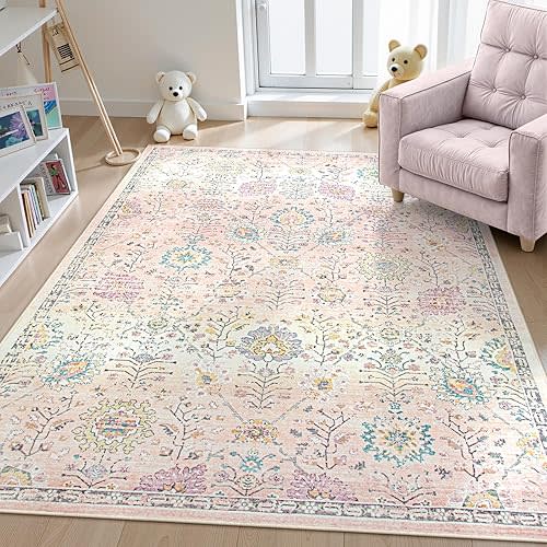 Lahome Flavie Pink Boho Area Rug for Nursery, 5x7 Washable Pink Rugs for Bedroom Girls Kids Room Living Room, Floral Pastel Carpet Non Slip for Teen Toddler Classroom Playroom Dorm, Bedroom Decor