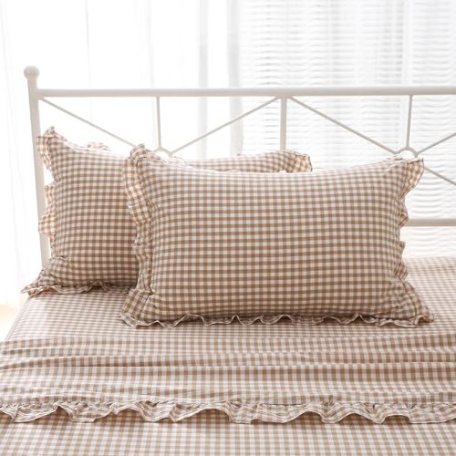 2 Pack Taupe White Plaid Ruffle Gingham King Size Pillow Shams, 100% Yarn-Dyed Washed Cotton Farmhouse Pillow Covers for Bed/Sofa Envelope Closure - 20''x36''