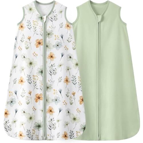 Nyessmee Baby Sleep Sack 6-12 Months 0.5 TOG, 100% Cotton Baby Wearable Blanket 2 Pack with 2-Way Zipper, Lightweight Sleep Bag for Boys ＆ Girls Newborn Infant Breathable Sleeing Sack Green Flower
