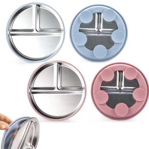 Stainless Steel Baby Plates With Suction,9” Divided Plate Silicone Sleeve For Kids ,Metal Toddler Plates BPA Free Unbreakable Snack Container for Baby Food Feeding Led Weaning Set Of 2