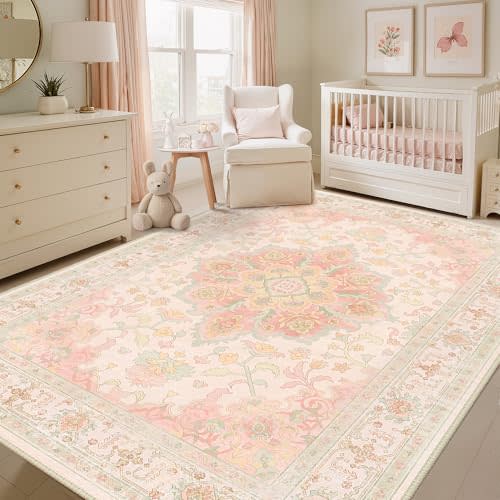 CAPALOCA 5x7 Washable Nursery Girls Low Pile Area Rug Pink Green | Non-Slip Soft Rugs for Bedroom Kids Playroom Living Room, Print Pattern Water Repellent Carpet Indoor Decor