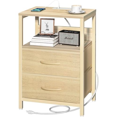 Yoobure Nightstand with Charging Station, Small Night Stand with Fabric Drawers and Storage Shelf for Bedrooms, Nightstands for Small Spaces, Bedside Table with USB Ports & Outlets, Bed Side Table