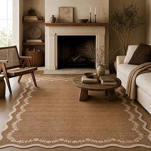 GarveeHome 5x7 Scalloped Area Rug Brown Washable Rugs for Living Room Bedroom, Soft Low Pile Non Slip Accent Floor Mat Solid Floral Print Throw Rug Farmhouse Indoor Carpet for Dorm Playroom