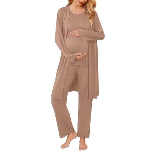 Ekouaer Maternity Nursing Robe Set 3 Pieces Sleeveless Top, Pregnancy Pants & Robe Double Layer Pajamas S-XXL
