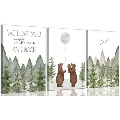 Tertiosh 3Pcs Baby Bear Nursery Canvas Wall Art Woodland Brown Bear Wall Decor Picture Mountain Nursery Print Love You To The Moon And Back painting Artwork for Boy Girl Newborn Home Decor 12x16in