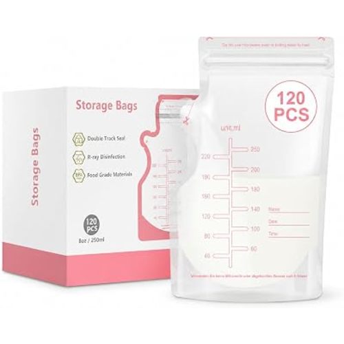120pcs Breast Milk Storage Bags, 250ml Self Standing Freezer Bags with Write-On Labels, Leak Proof Breastmilk Bags for Breastfeeding Moms, BPA Free