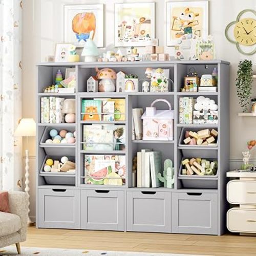 FINETONES Toy Storage with Sliding Bookshelf, Toy Organizer with 4 Bins