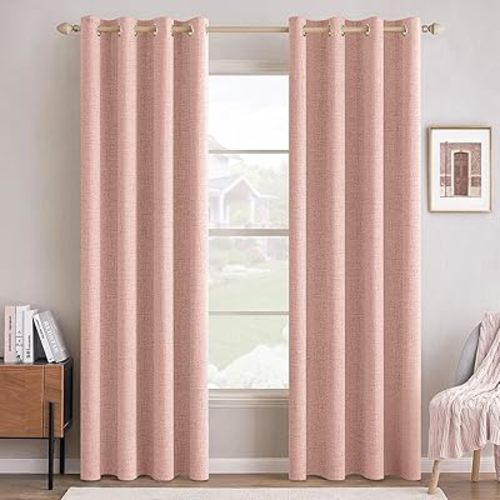 MIULEE Linen Curtains 100% Blackout for Bedroom Thermal Insulated Blush Pink Grommet Room Darkening Curtains & Drapes for Living Room Nursery 52 x 72 Inch (2 Panels)
