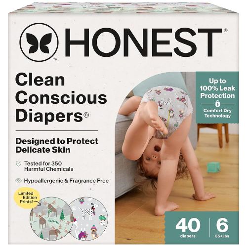 The Honest Company Clean Conscious Diapers for Delicate Skin | Up to 100% Leakproof | Hypoallergenic, Fragrance Free | Winter '25 Limited Edition Prints | Club Box, Size 6 (35+ lbs), 40 Count