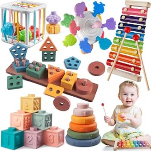 Montessori Toys for Baby Toddlers, 6-in-1 Wooden Shape Sorting Stacking Set