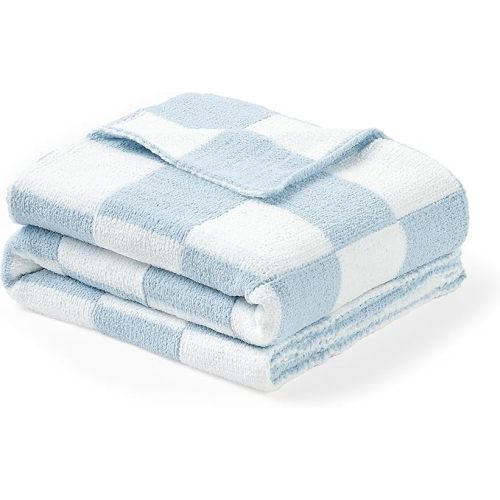 CREVENT 30"X40" Cozy Soft Warm Chenille Baby Blanket for Girls Boys, Newborn Essentials for Infant, Baby Shower Receiving Gift - Checked Blue 75X100cm