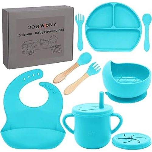 100% Silicone baby feeding set,BPA free Baby dishes set with Suction Bowl Divided Plate,Toddler Self Feeding Dish Set with Spoons Forks Sippy Cup And Bib, Baby Eating Utensils (Cyan Blue)