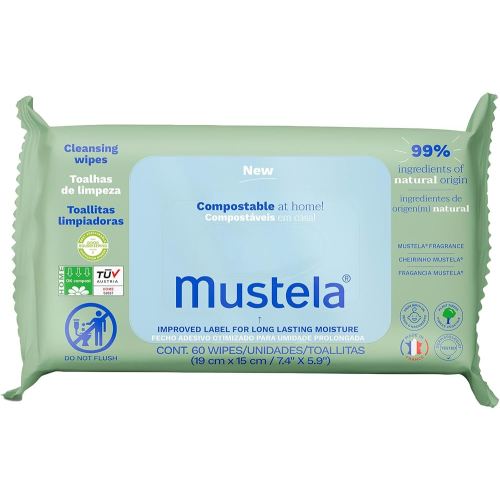 Mustela Baby Home Compostable Cleansing Wipes - For Face, Body & Diaper Area - 99% ingredients of natural origin & plant-based fibers - For all skin types - Fragrance Free Version & Various Sizes