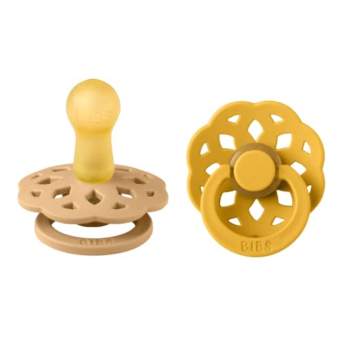 BIBS Boheme Pacifiers 2 Pack BPA Free Cherry Shape Nipple Natural Rubber Latex Made in Denmark | Sand/Honey Bee | Natural Rubber | BPA-Free | Danish Design | Airflow Holes | Comfort Shield