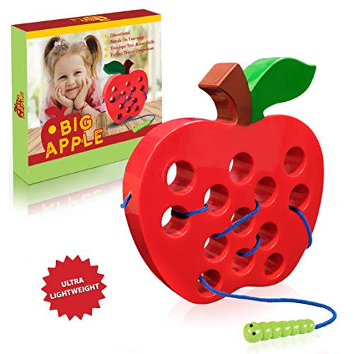 Playahoy Apple Lacing Plastic Threading Toy Fun Learning Game for Kids l Builds Basic Life Skills l Great Airplane Car and House Toy