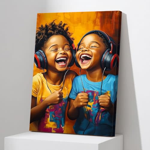 PBXBJY African American Children Wall Art Black Boy Canvas Print Black Child Smiling Pictures African Children Painting Print Bedroom Decor Framed (16.00" x 20.00")
