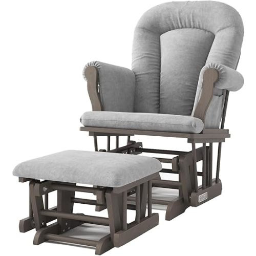 Child Craft Cozy Glider Rocker and Ottoman Set, Padded Cushion with Convenient Storage Pockets, Solid Wood Base & Frame (Dapper Gray with Light Gray Cushion)