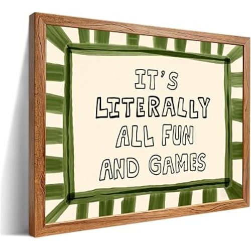 Framed 12x16 inch It's Literally All Fun And Games Funny Quotes Wall Art Preppy Minimalist Poster Canvas Prints For Kids Living Room Nursery Bedroom Wall Decor