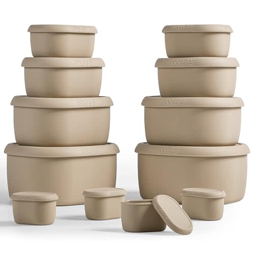 ISSEVE 12Pcs/Set Nesting Silicone Food Storage Containers with Lids, BPA Free Reusable Meal Prep Silicone Containers Airtight, Freezer Dishwasher Safe (33.8oz, 20oz, 10oz, 6.7oz, 1.3oz) (Beige)