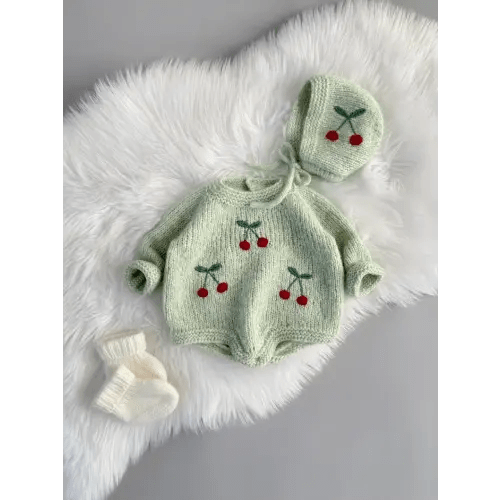 Handmade Alpaca Knit Baby Set: Cherry Bodysuit & Bonnet