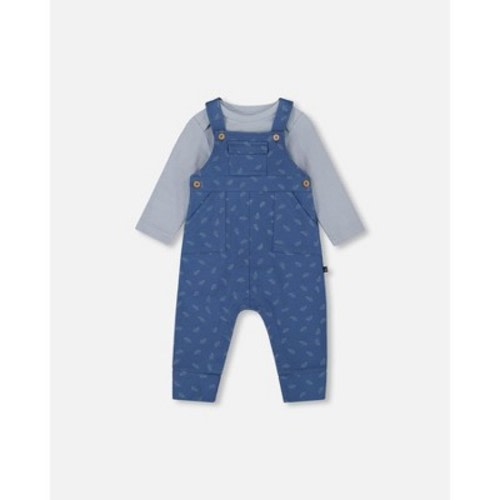 Deux par Deux Boy Organic Cotton Onesie and Overalls Set Blue Leaf Print - 3 Months