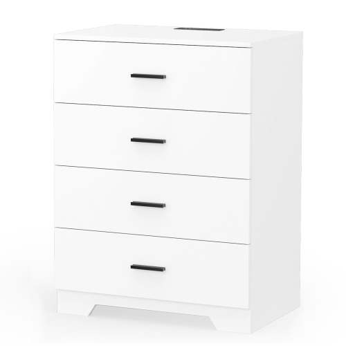 Capri White 4 Drawer Dresser with Power Outlets, Modern Nightstand, Storage Wide Chest of Drawer, Wooden Dresser Storage Cabinet for Adults, Bedroom Living Room Furniture