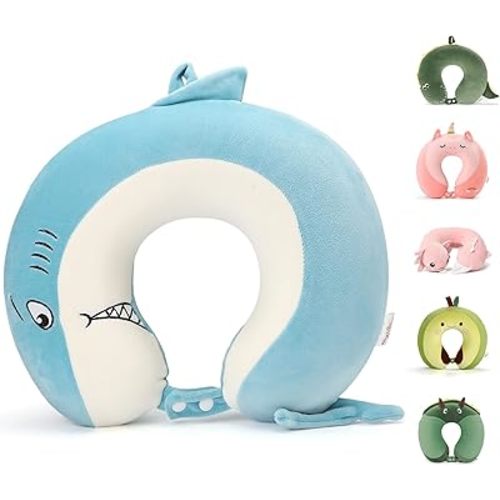 Niuniu Daddy Kids Travel Pillow for Airplane Road Trip Car Seat, Neck Chin Supporting, Stop Head from Falling Forward, Memory Foam with Cute Shark Animal Cover, Gift for Boy Girl - Shark Travel Pillow
