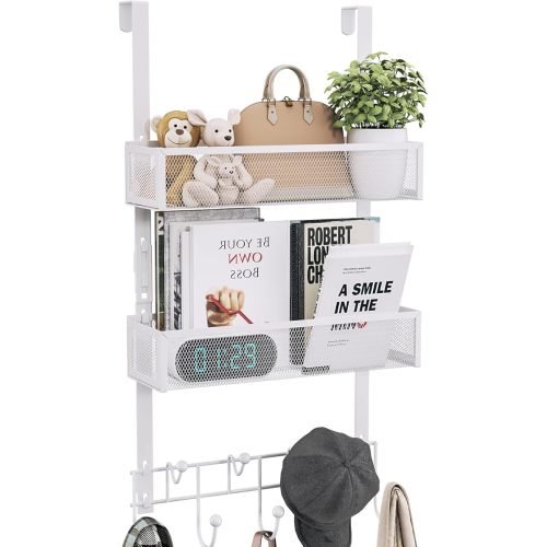 Over The Door Hooks Organizer - 3 Tier Door Hanger with 9 Coat Hooks & 2 Mesh Basket, Back Storage Organizer Hanging Towels for Bathroom, Bedroom, White