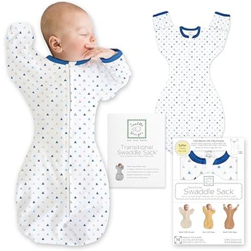 SwaddleDesigns Transitional Swaddle Sack, Arms Up Half-Length Sleeves & Mitten Cuffs, Swaddle for Newborn Transition to Baby Sleep Sack Wearable Blanket, Med, 3-6 Month, 14-21 lb, Blue Tiny Triangles