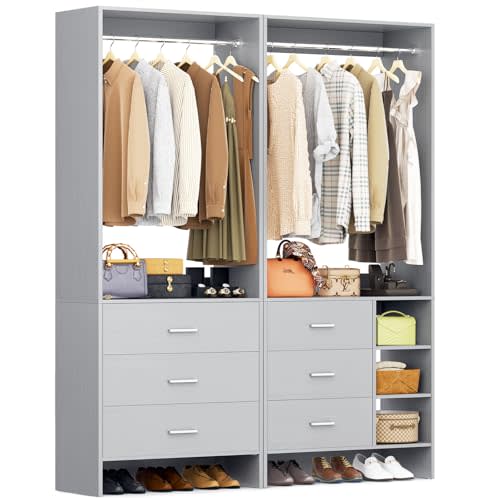 Aheaplus Closet System with 6 Drawers, 4.5ft Wood Closet Organizer System, Walk-in Closet or Small Closets Wardrobe, Clothes Rack with Hanging Rods, Set of 2 Grey