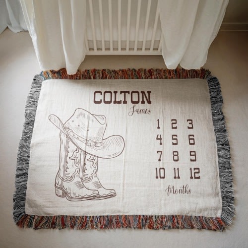 Personalized Cowboy Woven Milestone Blanket, Western Monthly Blanket, Monthly Blanket with Western Design, Newborn Name Woven Throw Blanket
