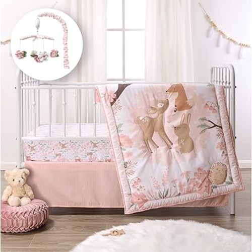 The Peanutshell Fairytale Forest Crib Bedding Set and Mobile, 4 Piece Woodland Girl Nursery Set