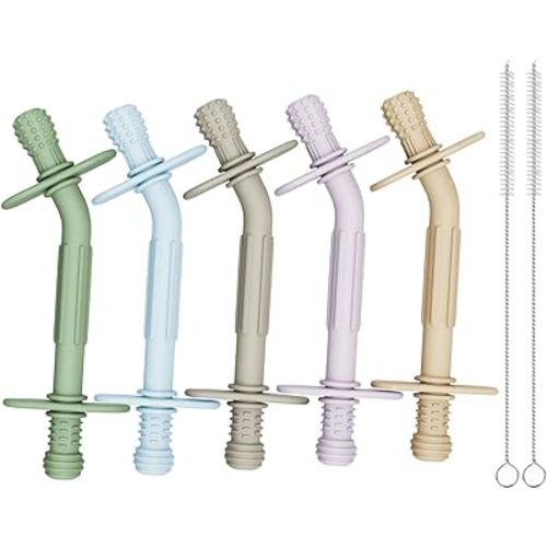Teething Toys for Babies 36+ Months, 5 Pack Silicone Teething Straws,Soft Chewable Sensory Aid for Molar Discomfort, Infant Oral Development