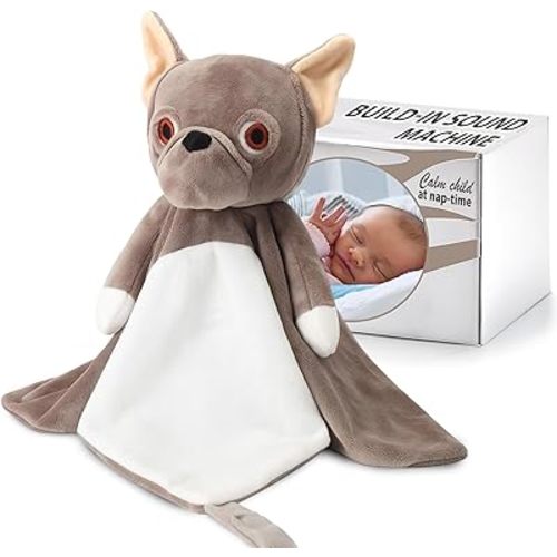 Love By Emi 4 in 1 Baby Lullaby Sleep Soother Toy - Stuffed Animal Sound Machine & Pacifier Holder | Heartbeat White Noise & Music | Plush Bulldog Lovey Sleep Aid Security Blanket (0-3 Years)