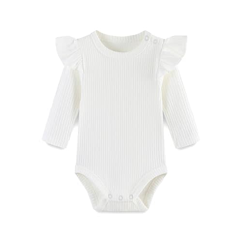 Baby Girl Knit Ruffle Outfit Clothes Ribbed 100% Organic Cotton Solid Color Long Sleeve Romper Clothes 0~24M