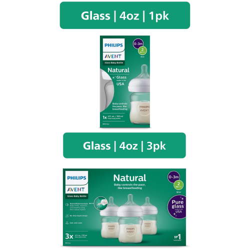 Philips Avent Natural Glass Baby Bottles with Natural Response Nipples (Slow Flow, Flow 2), 4oz, 4-Pack, SCY910/03