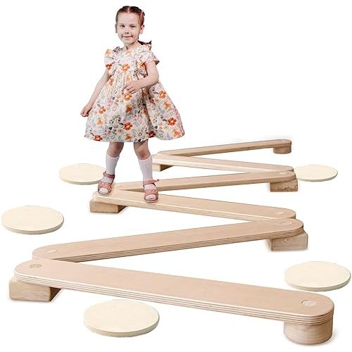 Avrsol Kids Balance Beam Wooden Stepping Stones Montessori Furniture Balance Board For Toddlers Kids Play Gym
