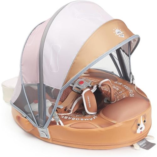 Mambobaby Float Upgrade Add Tail Baby Float with Canopy for Infant Waist Swimming Ring Swim Trainer Non-Inflatable Floats Toys with Adjustable Safety Strap (Brown - Cute Puppy)